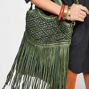 Free People Green Leather Juliet Macrame Fringe Messenger Bag